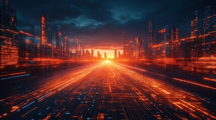 Digital urban landscape with glowing circuits and dynamic light trails