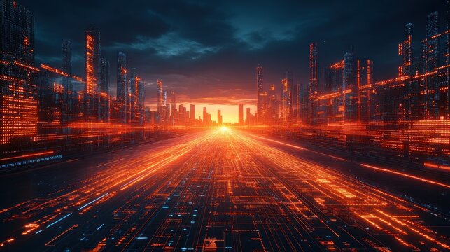 Digital urban landscape with glowing circuits and dynamic light trails