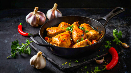 Spanish Pollo al Ajillo or Spanish Garlic Chicken in black metal pan with red chili and garlic on dark metal background.