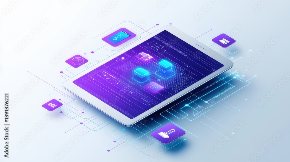 Poster digital tablet displaying futuristic icons and data connections