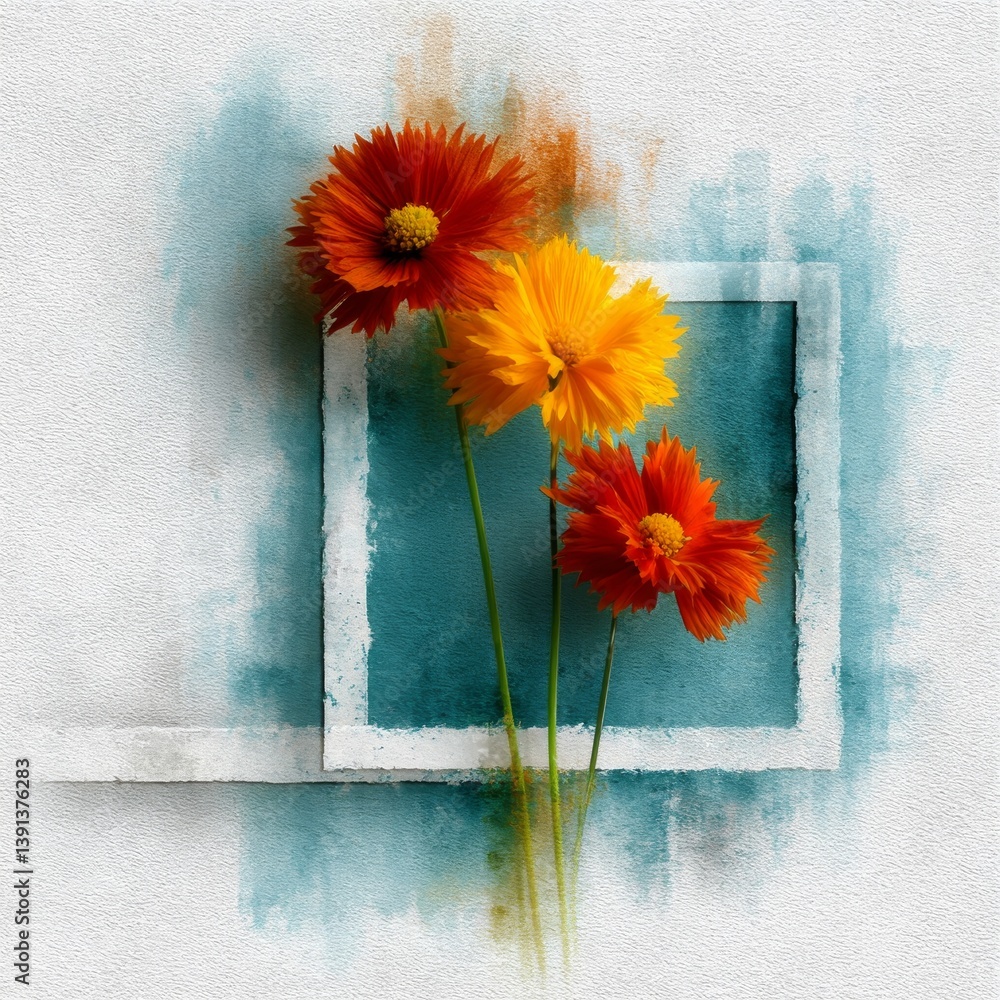 Poster watercolor coreopsis flowers in a square frame on textured paper background - bright and airy floral