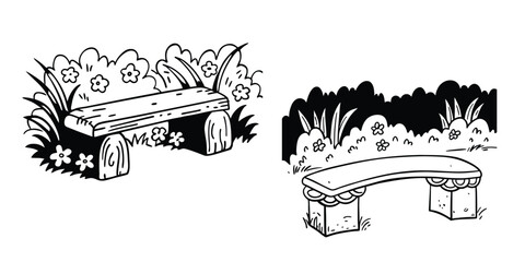 Obraz premium Black and white with coloring vector art features a Stone Garden Bench illustrations 