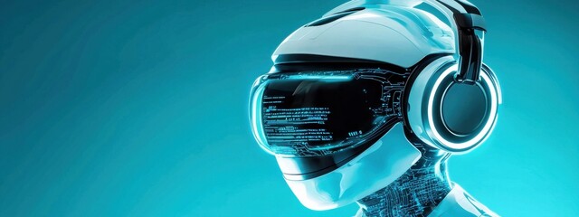 Futuristic robot with virtual reality headset and glowing elements