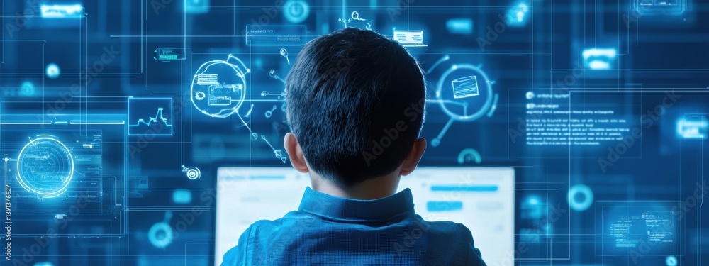 Poster young child engaged in learning with computer and digital interface