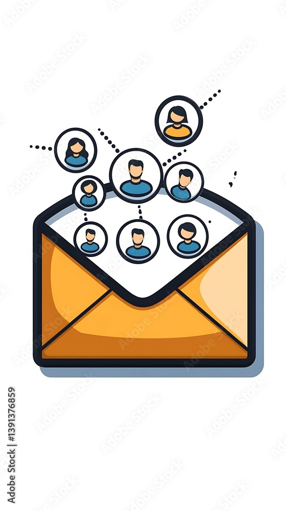 Poster envelope graphic with avatars representing communication and networking, symbolizing messaging and s