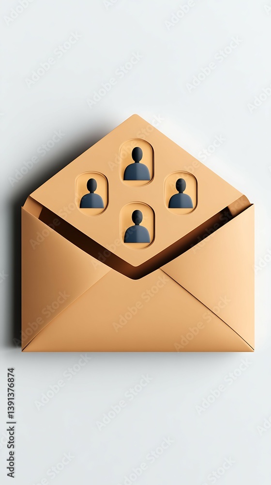 Poster email envelope with user icons symbolizes communication and networking in a modern context. flat art