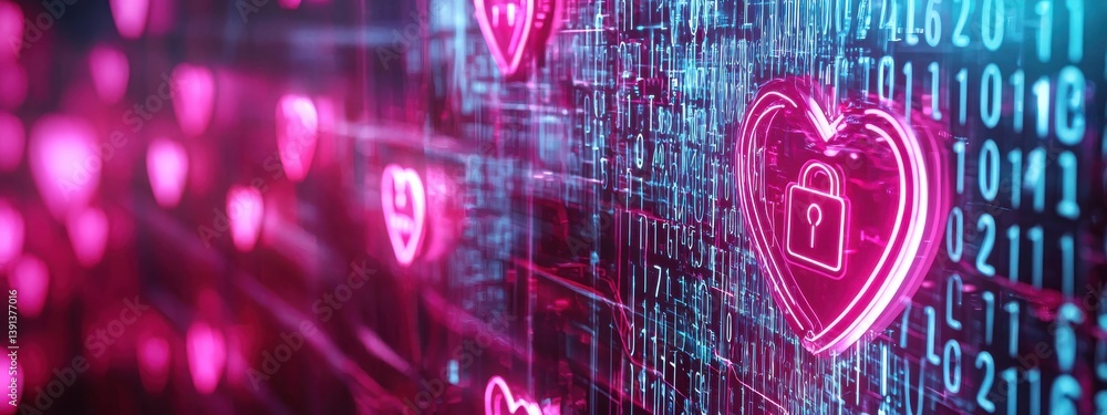 Poster digital heart symbols with lock icons and binary code background
