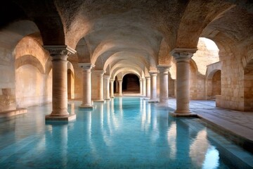 Fototapeta premium Ancient Roman bath reflecting on turquoise water surface with columns and arches