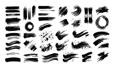 A collection of black brush strokes in various shapes and textures on a white background, perfect for digital design and artistic projects.