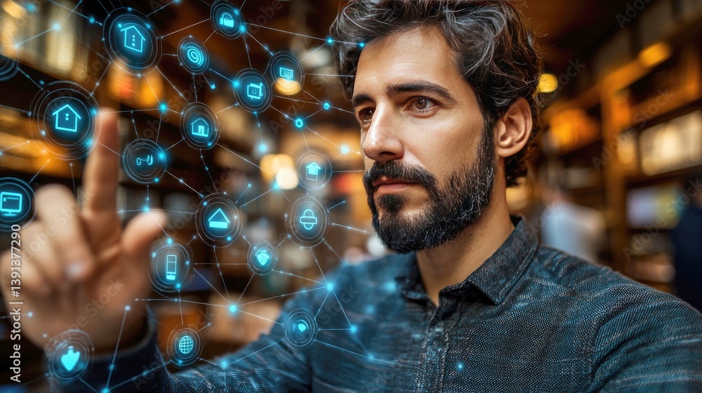 Poster man interacting with smart home network interface: digital technology and innovation