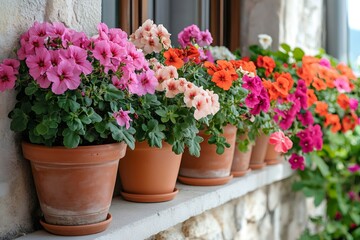 Fototapeta premium Colorful geranium flowers growing in terracotta pots decorating a window sill
