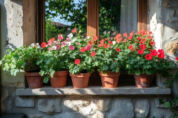 Fototapeta premium Calibrachoa flowers growing in terracotta pots decorating a window sill
