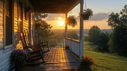 Cozy porch with rocking chairs and flower baskets at golden hour sunset