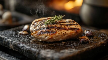 Sizzling Chicken Steak, Hot Stone Grill, Kitchen, Flames