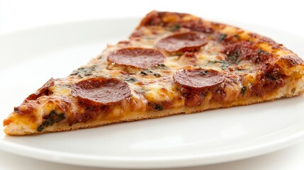 Sharp, in-focus top view of pepperoni pizza on a plate with clipping path, isolated on white background, ideal for food packaging and restaurant menu concepts.