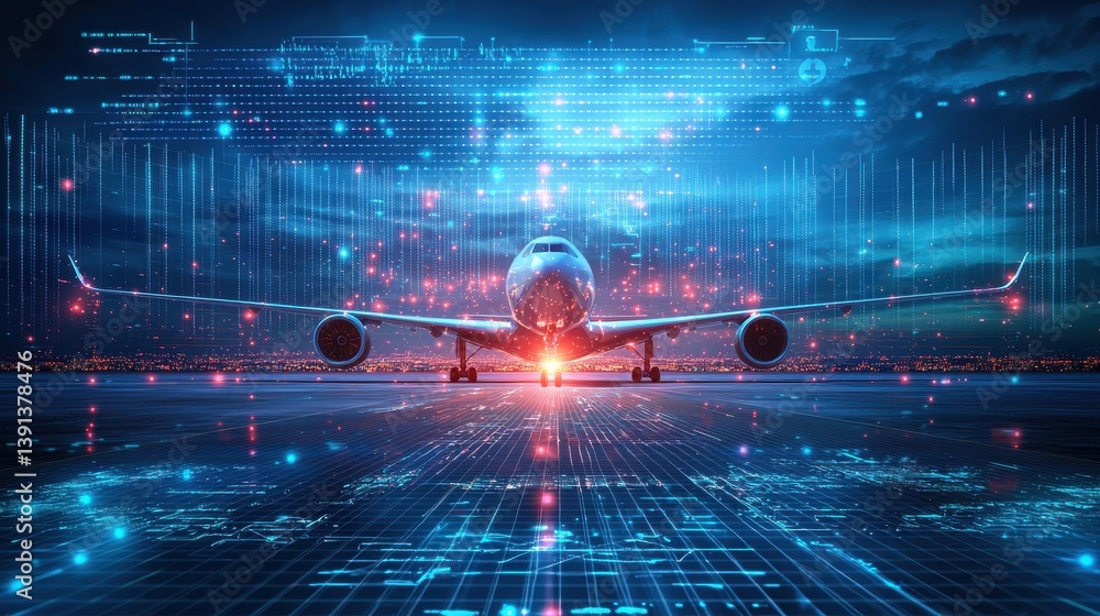 Poster futuristic airplane with technology and data visualization background