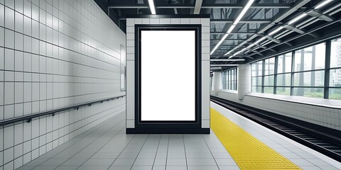 Empty digital poster screen in futuristic underground metro platform, ready for mockup design or public information, surrounded by sleek architecture and lighting

