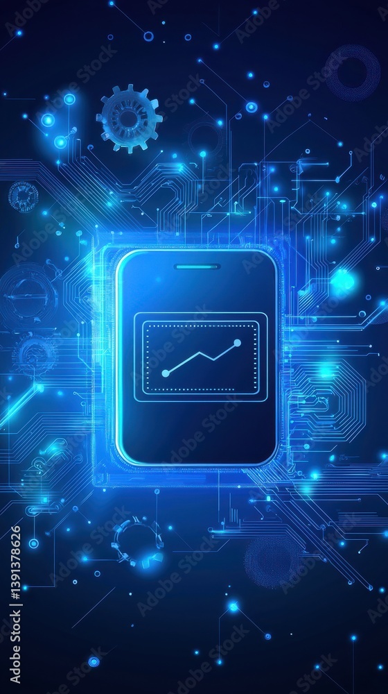 Poster futuristic smartphone with chart in digital circuit background
