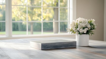 Obraz premium Rustic wooden table, display platform, white flowers, sunny window