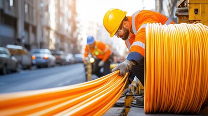 Construction Workers Laying Orange Cables on Urban Street Scene