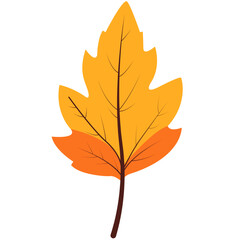 Flat illustration of an autumn leaf in yellow and orange tones with brown stem. Perfect for seasonal designs, fall themes, nature elements, decorations, and educational or creative content.