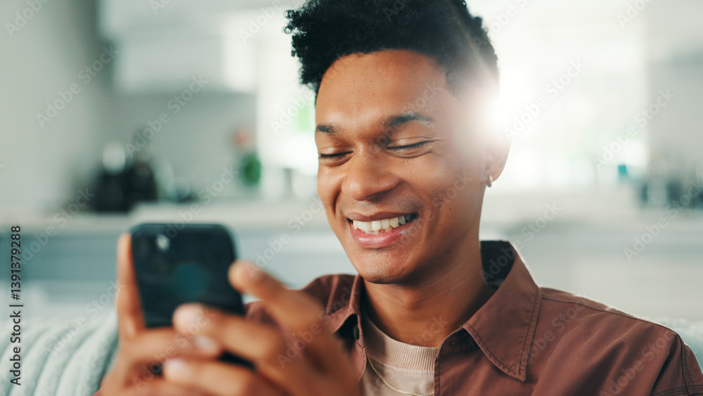 Poster dating app, phone and man laughing in home on social media application and texting on weekend. chill