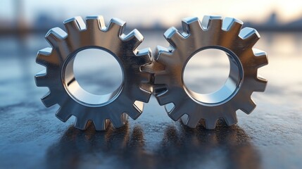 Two interconnected metal gears represent collaboration, precision engineering and industrial
