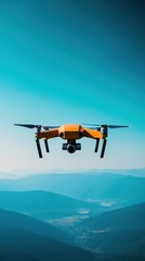 Naklejka premium Vibrant Drone Flying Over Scenic Mountain Landscape in Clear Sky