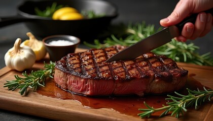 Grilled steak with crosshatch marks being sliced on wooden cutting board revealing juicy medium-rare center, surrounded by herbs, garlic and sea salt in warm lighting