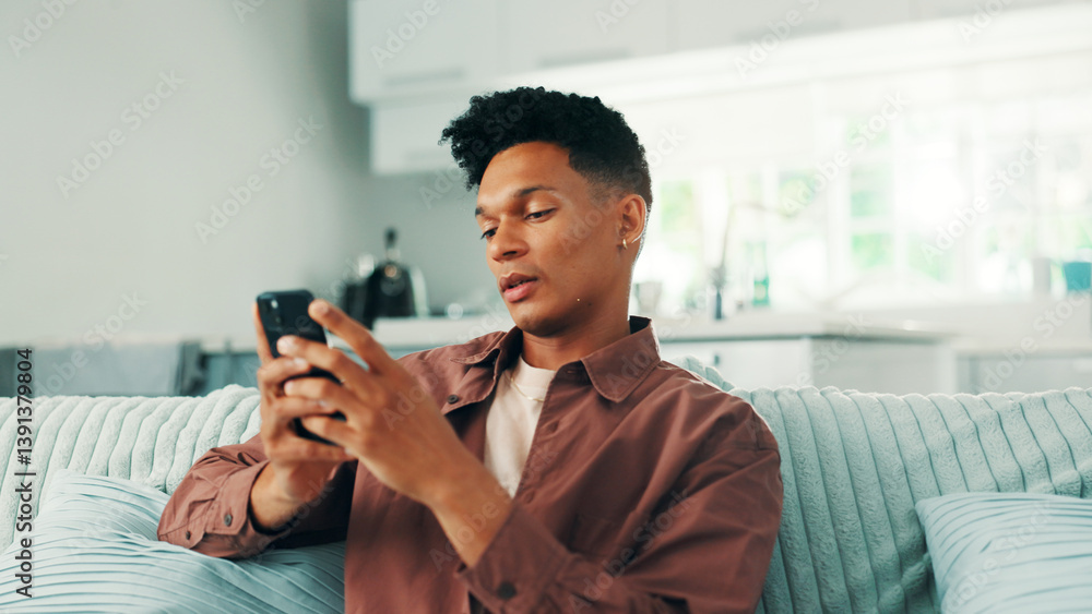 Poster dating app, phone and man texting in home on social media application and subscription on weekend. c