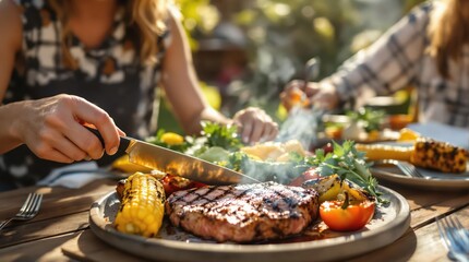 Steak with vegetables on outdoor platter, grilled beef tenderloin medallions with crosshatch marks served with charred corn, grilled bell peppers and roasted garlic cloves