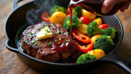 Steak with vegetables in cast iron - overhead view of sizzling filet mignon with sautéed broccolini, yellow squash and red bell peppers as red wine reduction sauce pours over meat