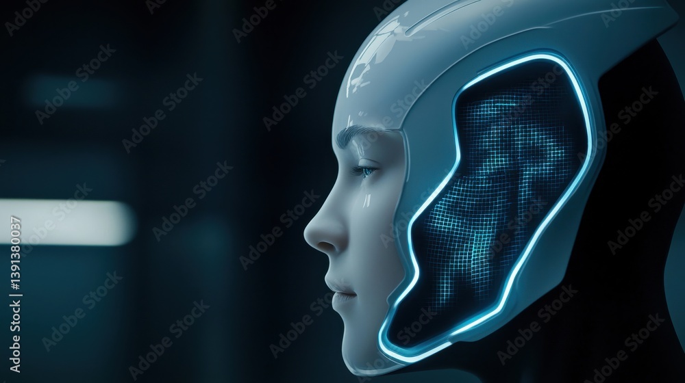 Aufkleber futuristic humanoid robot with glowing features in a dark setting