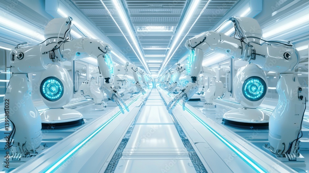Poster advanced robotics in futuristic factory with neon lighting