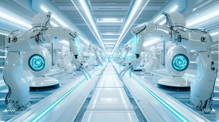 Fototapeta premium Advanced Robotics in Futuristic Factory with Neon Lighting