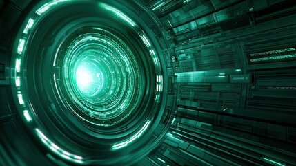 Futuristic Green Tunnel with Abstract Light and Geometric Shapes