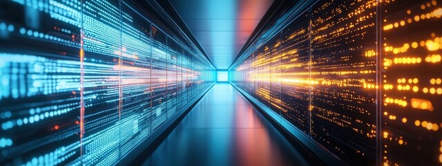 Futuristic Technology Corridor with Data Streams in Blue and Orange