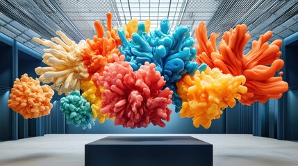 Vibrant Abstract 3D Shapes in Modern Exhibition Space