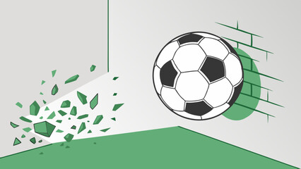 white and black  soccer ball breaking with great force through white-green  illuminated wall under spot light background. 3D high quality rendering. 3D illustration. 3D CG.
