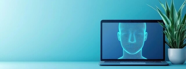 Futuristic Laptop Displaying Digital Face Concept with Plant