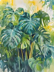 Watercolor Painting Of Lush Green Monstera Leaves Against A Yellow And Green Washed Background
