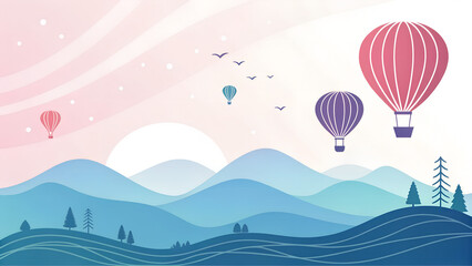Obraz premium Abstract hot air balloons floating over rolling hills at sunset 