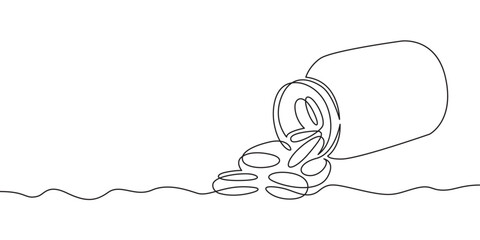 Continuous one line drawing jar with pills.Tablets and pills.Bottle of medicine.
