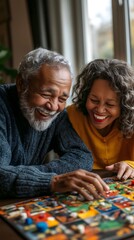 Fototapeta premium Elderly couple enjoys quality time together while playing a board game indoors. Generative AI