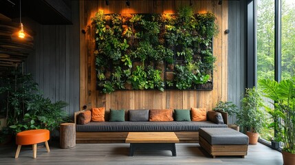 Interior design showcasing a lush green vertical garden in a modern living space