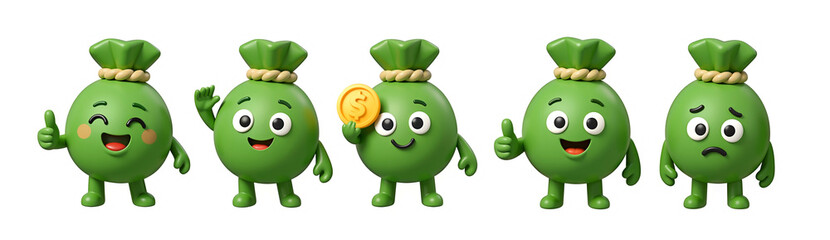 Moneybag's Spectrum of Emotions: A vibrant series of animated moneybags showcase a range of emotions, each expressing a unique sentiment through facial expressions and gestures.