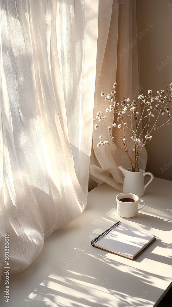 Poster serene morning scene featuring soft, flowing curtains allowing gentle light to stream in. cozy cup o