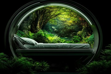 A futuristic hospital with gravity-defying patient beds floating in the air