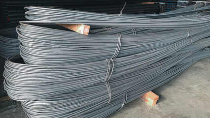 steel deformed or bars background Deformed steel bars for reinforced concrete. Close up...