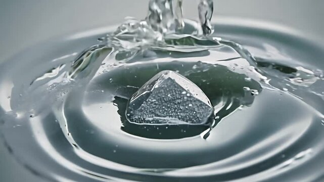 Super slow motion video of falling nickel pentlandite stone into water, isolated on silver background with soft ambient lighting